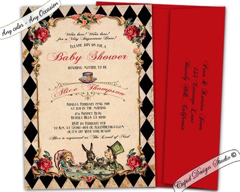 Alice in wonderland baby shower invitations. Mad hatter baby shower invite. Queen of hearts invitation. Wonderland baby shower invites. image 1