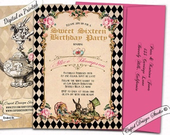Alice in wonderland Sweet 16 invitations / Sweet 16 invites / Quinceanera invitation / 16th birthday invitations / pink and gold