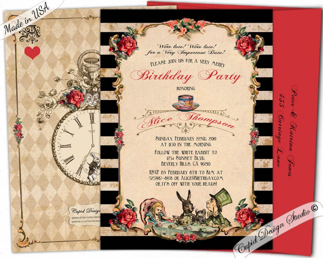 alice-in-wonderland-birthday-invitation-mad-hatter-tea-party-invitations-alice-through-the-looking-glass-invites-queen-of-hearts-invitation-etsy