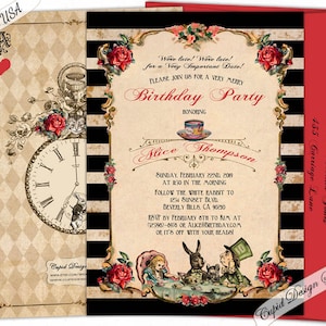 Alice in wonderland birthday invitation, mad hatter tea party invitations alice through the looking glass invites queen of hearts invitation