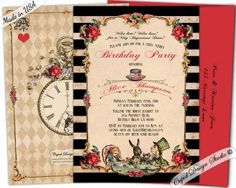 Alice in wonderland birthday invitation, mad hatter tea party invitations alice through the looking glass invites queen of hearts invitation