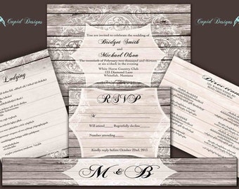 Rustic wedding invitation suite. Lace wedding invitation suite. Romantic wedding invitation suite. Custom wedding invitation suite.