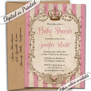 May include: Pink and white striped baby shower invitation with a gold crown and ornate frame. The invitation reads "Please join us for a Baby Shower honoring mother to be Jennifer Rivett" and includes the date, time, location, and RSVP information.
