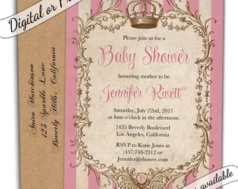 Vintage Baby Shower Invitation. Girl shower invitation. Princess crown baby shower invite. Shabby Chic baby shower invitations. Printable