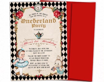 alice in onederland invitation alice 1st birthday invitations 1st birthday girl invites printed invitation Wonderland birthday invitation