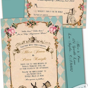 fairytale wedding invitations printed wedding invitation set handmade alice in wonderland invitations Mad hatter tea wedding invitations image 5