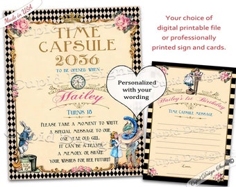 Alice au pays des merveilles capsule temporelle premier anniversaire, signe de capsule temporelle, notes de capsule temporelle Tea party pour fille d’anniversaire, capsule temporelle élégante