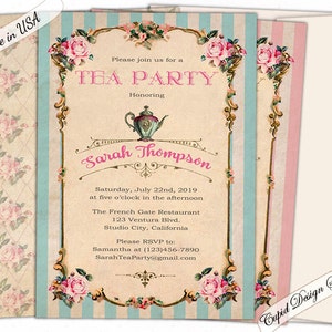 May include: A vintage-style tea party invitation with a blue and pink striped background. The invitation features a teapot, roses, and the text "Please join us for a Tea Party Honoring Sarah Thompson".