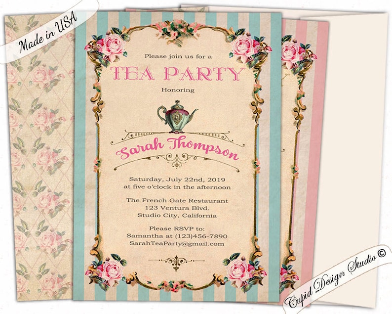 May include: A vintage-style tea party invitation with a blue and pink striped background. The invitation features a teapot, roses, and the text "Please join us for a Tea Party Honoring Sarah Thompson".