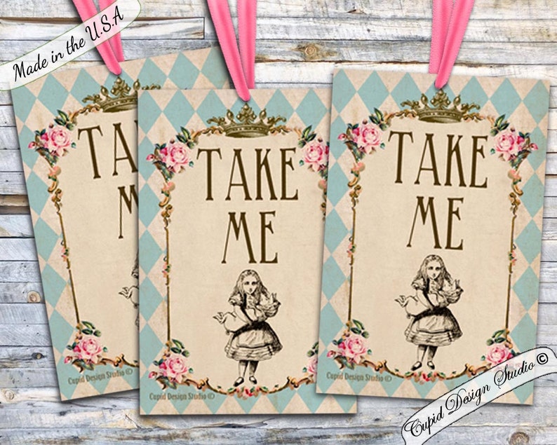 TAKE ME Alice in wonderland tags / Alice in Wonderland party supplies / favor stickers / favor labels / printable / instant download / diy image 1