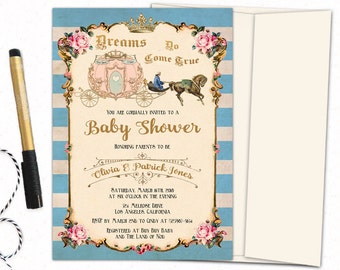 Once upon a time baby shower invitation, Cinderella carriage vintage baby shower invitations, Fairytale baby shower invites, personalized