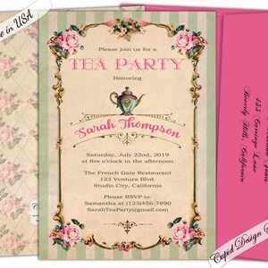 May include: A vintage-style tea party invitation with a green and white striped background. The invitation features a teapot, roses, and the text "Please join us for a Tea Party Honoring Sarah Thompson".