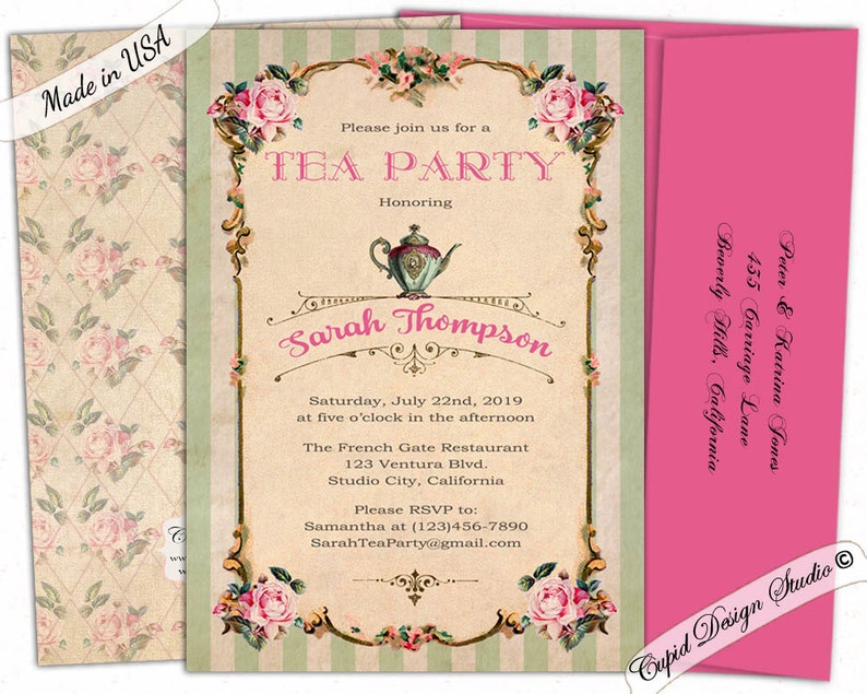 May include: A vintage-style tea party invitation with a green and white striped background. The invitation features a teapot, roses, and the text "Please join us for a Tea Party Honoring Sarah Thompson".