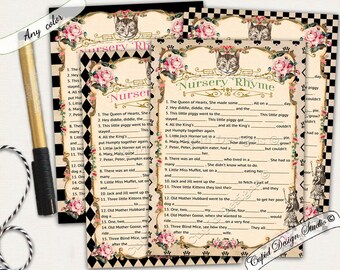 Alice in wonderland Nursery rhyme baby shower game. Nursery rhyme baby shower. Nursery rhyme quiz. Nursery rhyme cards.