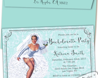 Retro bridal shower invitations/Turquoise Bridal shower invites/Pin up wedding dress invitation/Lingerie shower invites/lingerie bridal