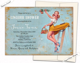 Lingerie shower invitation Blue and gold bridal shower Retro housewife Printable or printed invites Personalized custom.