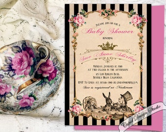 Mad hatter baby shower invites/Mad hatter baby shower invitations/Queen of hearts party invitation/Mad hatter tea party invites.