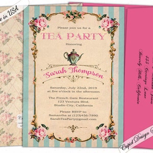 May include: A vintage-style tea party invitation with a blue and white striped background, pink roses, and a teapot illustration. The invitation is for Sarah Thompson's tea party on July 22nd, 2019 at 5:00 PM at The French Gate Restaurant in Studio City, California. Please RSVP to Samantha at (123)456-7890 or SarahTeaParty@gmail.com.