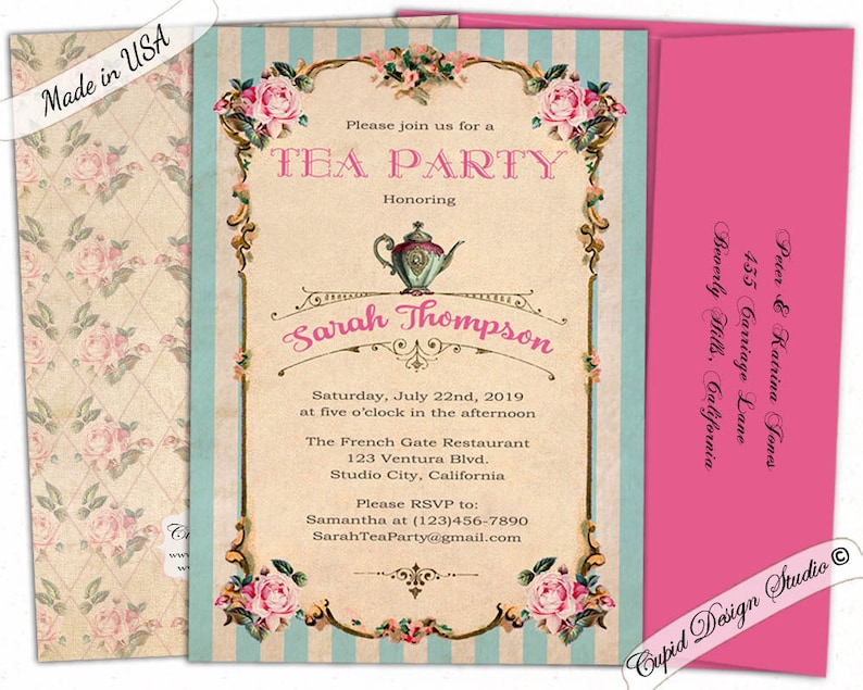 May include: A vintage-style tea party invitation with a blue and white striped background, pink roses, and a teapot illustration. The invitation is for Sarah Thompson's tea party on July 22nd, 2019 at 5:00 PM at The French Gate Restaurant in Studio City, California. Please RSVP to Samantha at (123)456-7890 or SarahTeaParty@gmail.com.