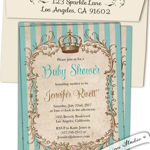 May include: A baby shower invitation with a blue and white striped background. The invitation features a crown and ornate scrollwork in brown and gold. The text reads "Please join us for a Baby Shower honoring mother to be Jennifer Rivett Saturday, July 22nd, 2017 at four o'clock in the afternoon 1435 Beverly Boulevard Los Angeles, California RSVP to Katie Jones at (457)748-2312 or Jennifer@shower.com Cupid Design Studio"