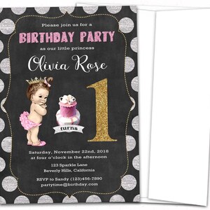 May include: A birthday party invitation with a chalkboard-style background. The invitation features the text "BIRTHDAY PARTY" in pink glitter, the name "Olivia Rose", and a graphic of a baby girl. The number "1" is in gold glitter.