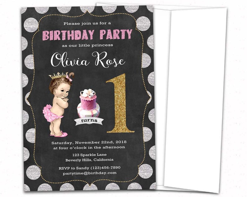 May include: A birthday party invitation with a chalkboard-style background. The invitation features the text "BIRTHDAY PARTY" in pink glitter, the name "Olivia Rose", and a graphic of a baby girl. The number "1" is in gold glitter.