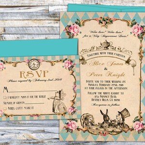 fairytale wedding invitations printed wedding invitation set handmade alice in wonderland invitations Mad hatter tea wedding invitations image 2