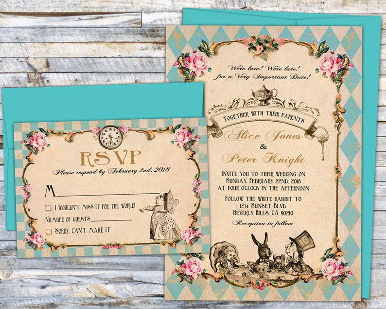 fairytale wedding invitations printed wedding invitation set handmade alice in wonderland invitations Mad hatter tea wedding invitations image 2