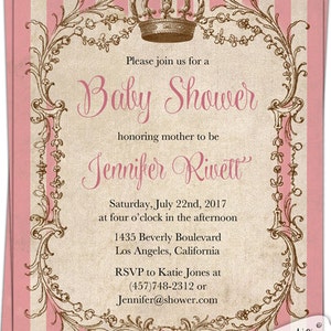 May include: A pink and white striped baby shower invitation with a brown ornate frame and a crown at the top. The text reads "Please join us for a Baby Shower honoring mother to be Jennifer Rivett Saturday, July 22nd, 2017 at four o'clock in the afternoon 1435 Beverly Boulevard Los Angeles, California RSVP to Katie Jones at (457)748-2312 or Jennifer@shower.com Cupid Design Studio"