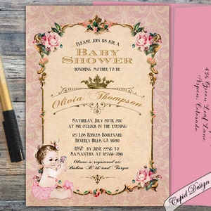 Princess baby shower invitations girl. Royal girl baby shower invitation. Pink and gold Printable baby shower invitation.