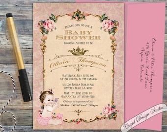 Princess baby shower invitations girl. Royal girl baby shower invitation. Pink and gold Printable baby shower invitation.