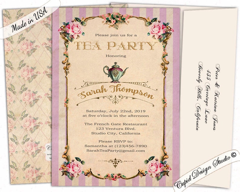 May include: A vintage-style tea party invitation with pink and white roses, a teapot, and gold lettering. The invitation reads "Please join us for a Tea Party Honoring Sarah Thompson" and includes the date, time, and location of the event.