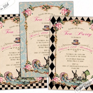 alice in wonderland birthday invitation printable, mad hatter tea party invitations, elegant shabby chic alice in wonderland baby shower