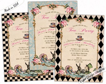 alice in wonderland birthday invitation printable, mad hatter tea party invitations, elegant shabby chic alice in wonderland baby shower