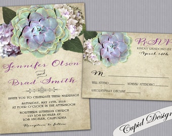 Succulent wedding invitations Botanical wedding invite. Rustic cactus invitation. hydrangea wedding invitation personalized custom elegant.