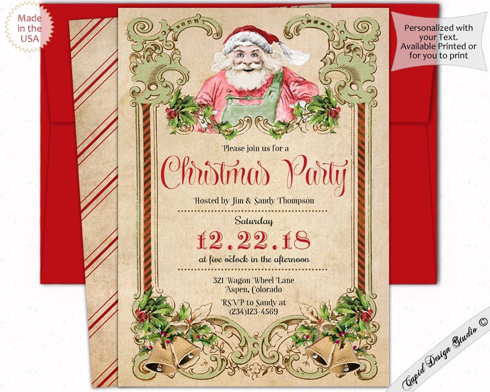 Vintage Santa Christmas party invitation. Traditional Holiday | Etsy