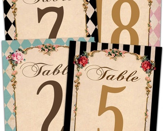 Alice in wonderland table numbers. Mad hatter tea party table numbers. Wonderland table numbers.