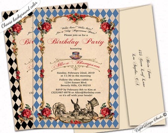 Mad hatter birthday tea party invitation, digital or printed, Alice in Wonderland printable invites, 5x7.