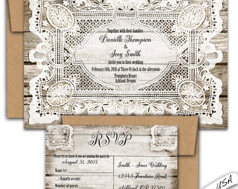 Lace wedding invitation. Rustic Lace and wood invitations. Kraft invitation. Western Country wedding. Printed wedding Custom personalized.