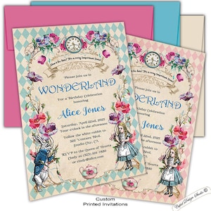 Alice in wonderland printed birthday invitation. Custom Mad hatter party invites. Personalized Queen of hearts digital invites, Wonderland.