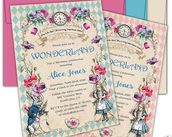 Alice in wonderland printed birthday invitation. Custom Mad hatter party invites. Personalized Queen of hearts digital invites, Wonderland.