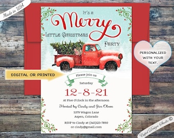 Vintage Christmas truck invitation, rustic red truck holiday invitation, Retro Christmas truck tree digital invitation printable