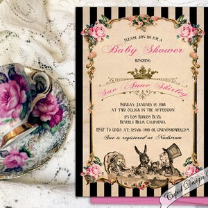 Alice in wonderland baby shower invitations. Mad hatter baby shower invite. Queen of hearts invitation. Wonderland baby shower invites. image 2