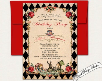 Alice in wonderland invitation, Mad hatter party tea invitation, Mad hatter Prom invitation, Alice and Wonderland Prom party