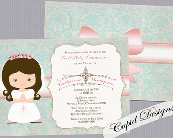 Girl First Communion invitation. Invitation for first holy communion. 1st communion invitations. Personalized first communion invitations.