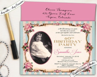 Elegant 80th birthday invitation. Pink and gold Birthday invitation. Photo birthday invitation. Vintage roses 80th Birthday invitation.