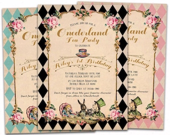 Alice in onederland birthday invitation, mad hatter tea party invitations, alice in wonderland 1st birthday, 1st birthday invitations etsy,