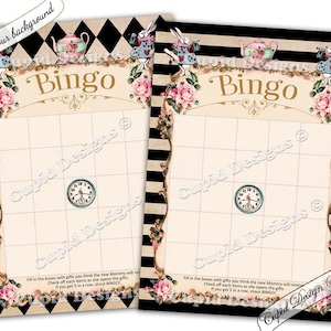Alice in wonderland games. Baby shower bingo cards. Tea party games. Queen of hearts party. Baby shower games. Baby shower bingo printable.