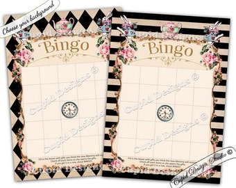 Alice in wonderland games. Baby shower bingo cards. Tea party games. Queen of hearts party. Baby shower games. Baby shower bingo printable.