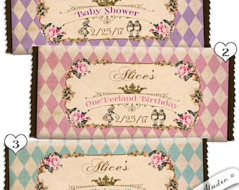 alice in wonderland party favor candy wrappers personalized alice in wonderland candy bar wrapper, alice in onederland chocolate bar wrapper